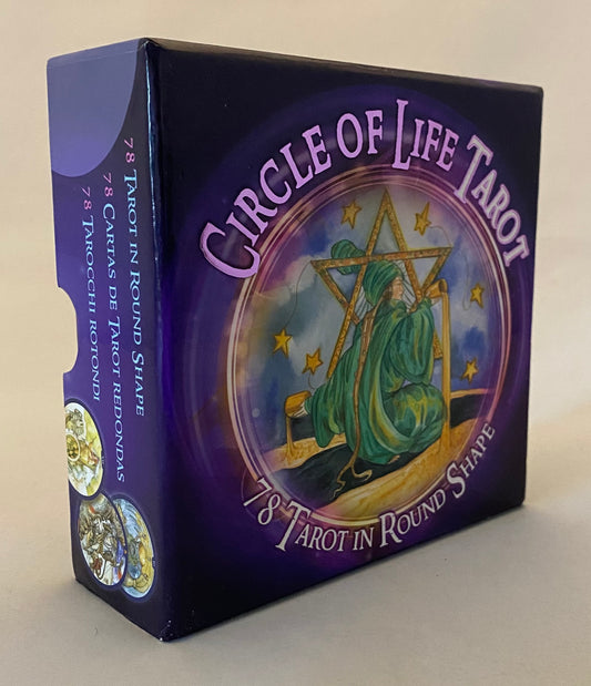 Tarot card set packaging titled 'Circle of Life Tarot' with a purple and blue design.