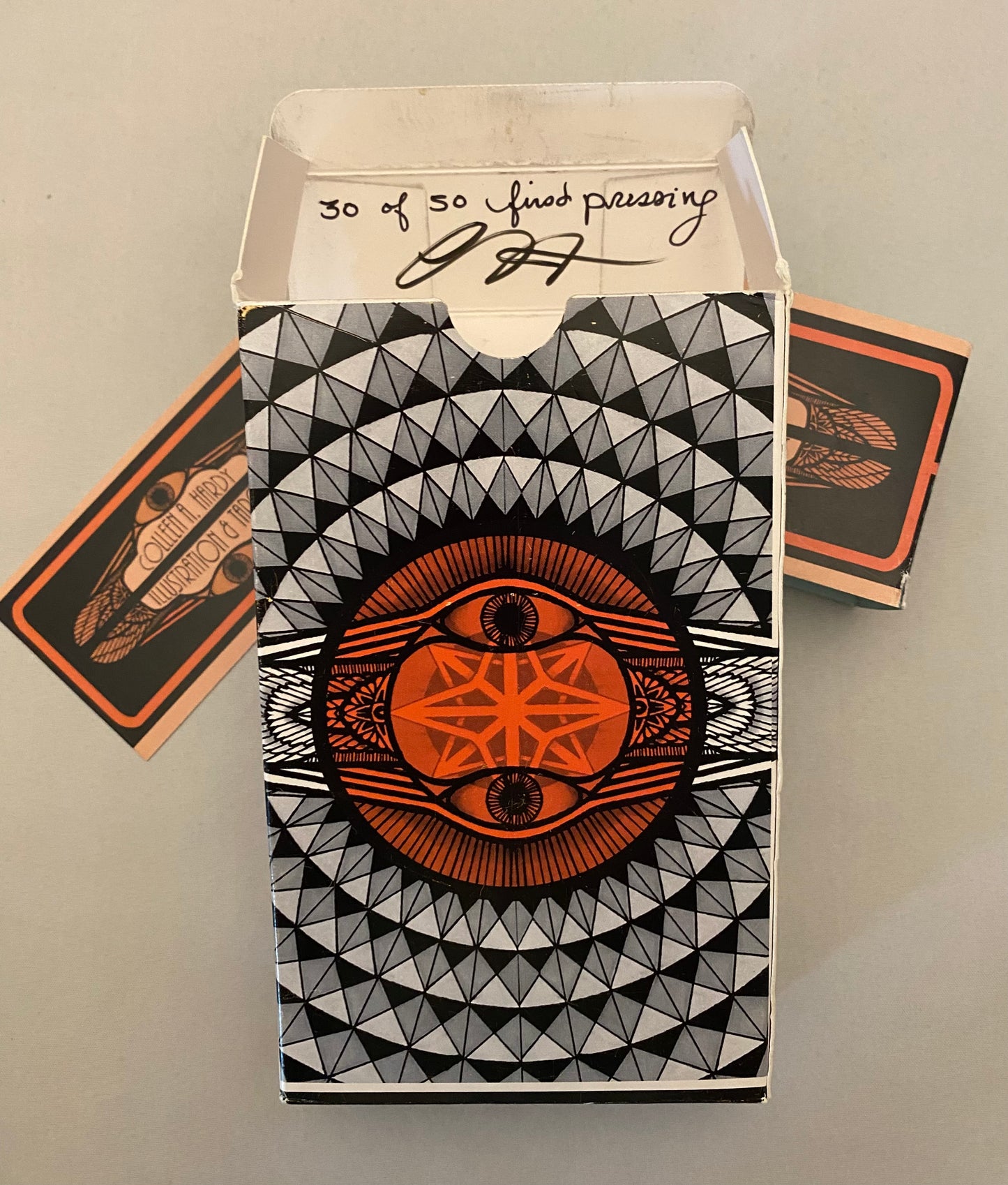 Colleen Hardy Tarot First Pressing box with black and white design on a gray background