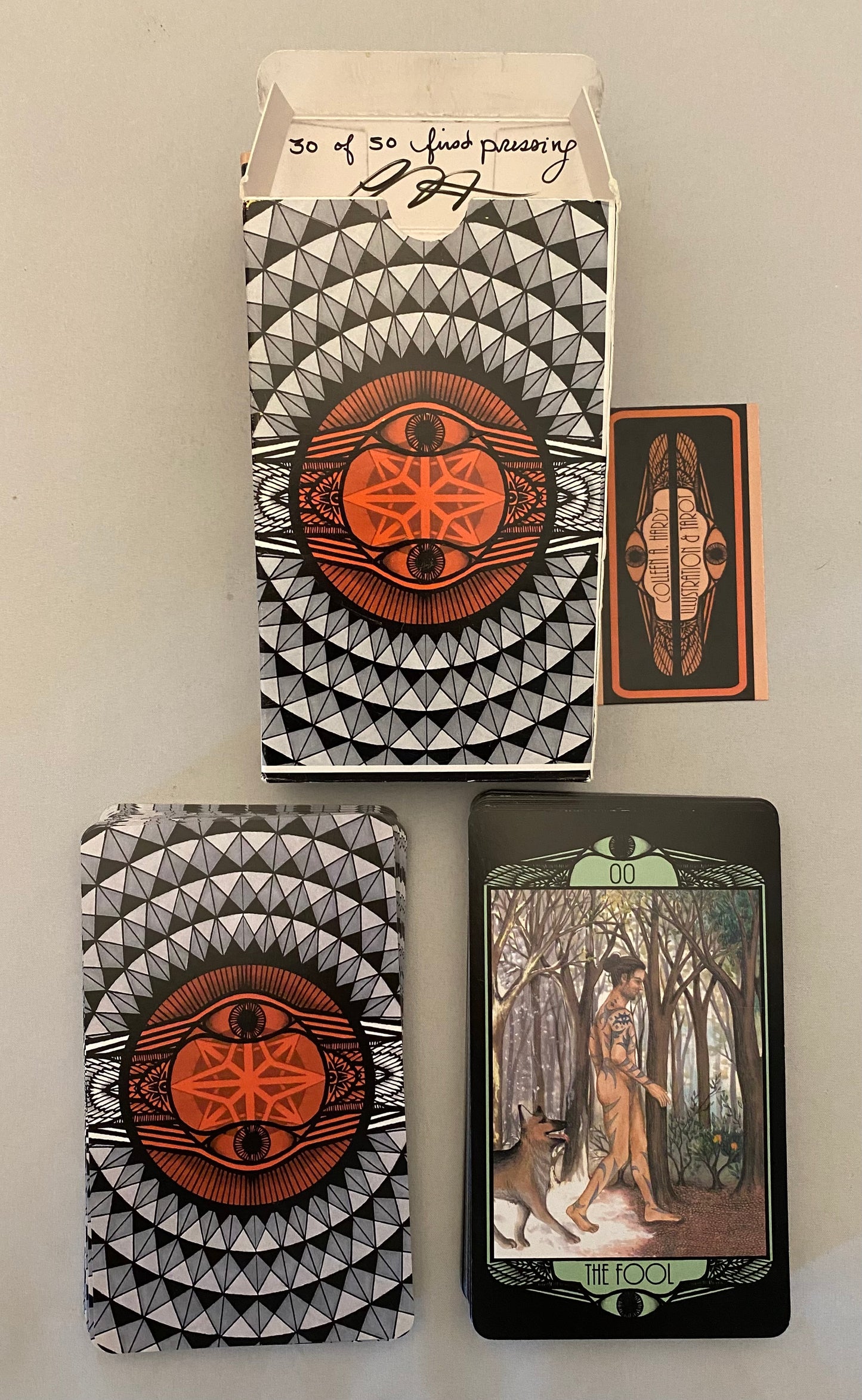 Colleen Hardy Tarot First Pressing with geometric design and one card displayed on a plain background