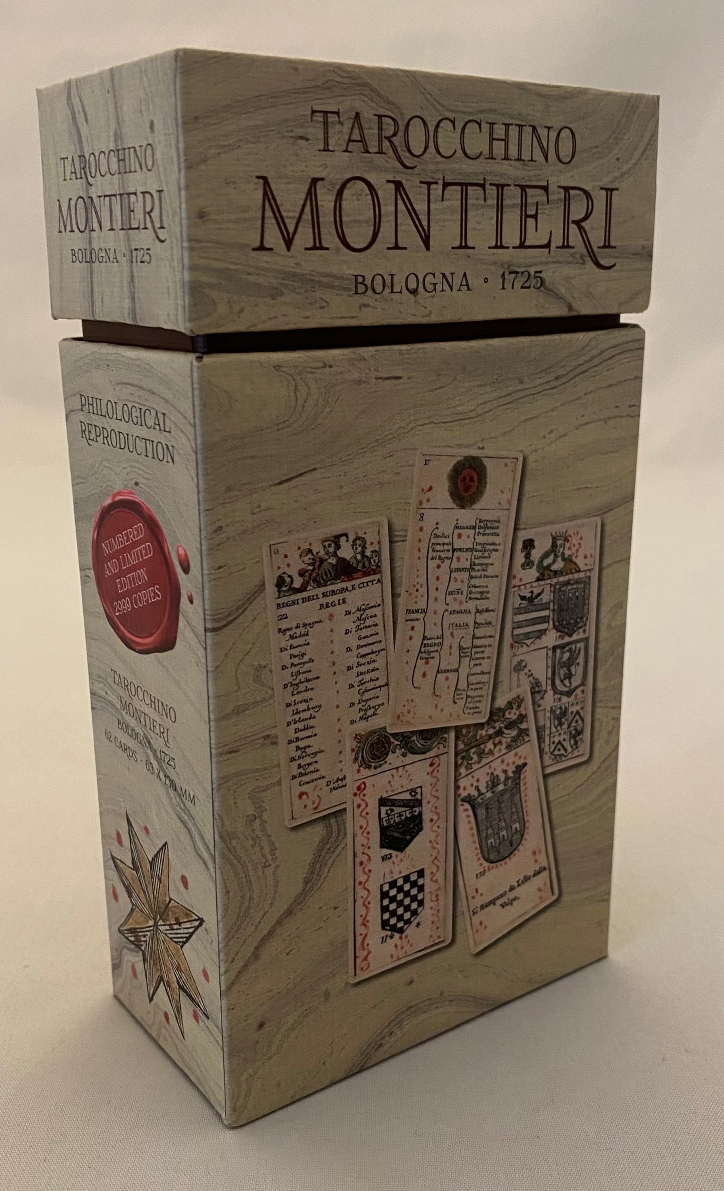  'Tarocchino Montieri' tarot with historical illustrations on a white background