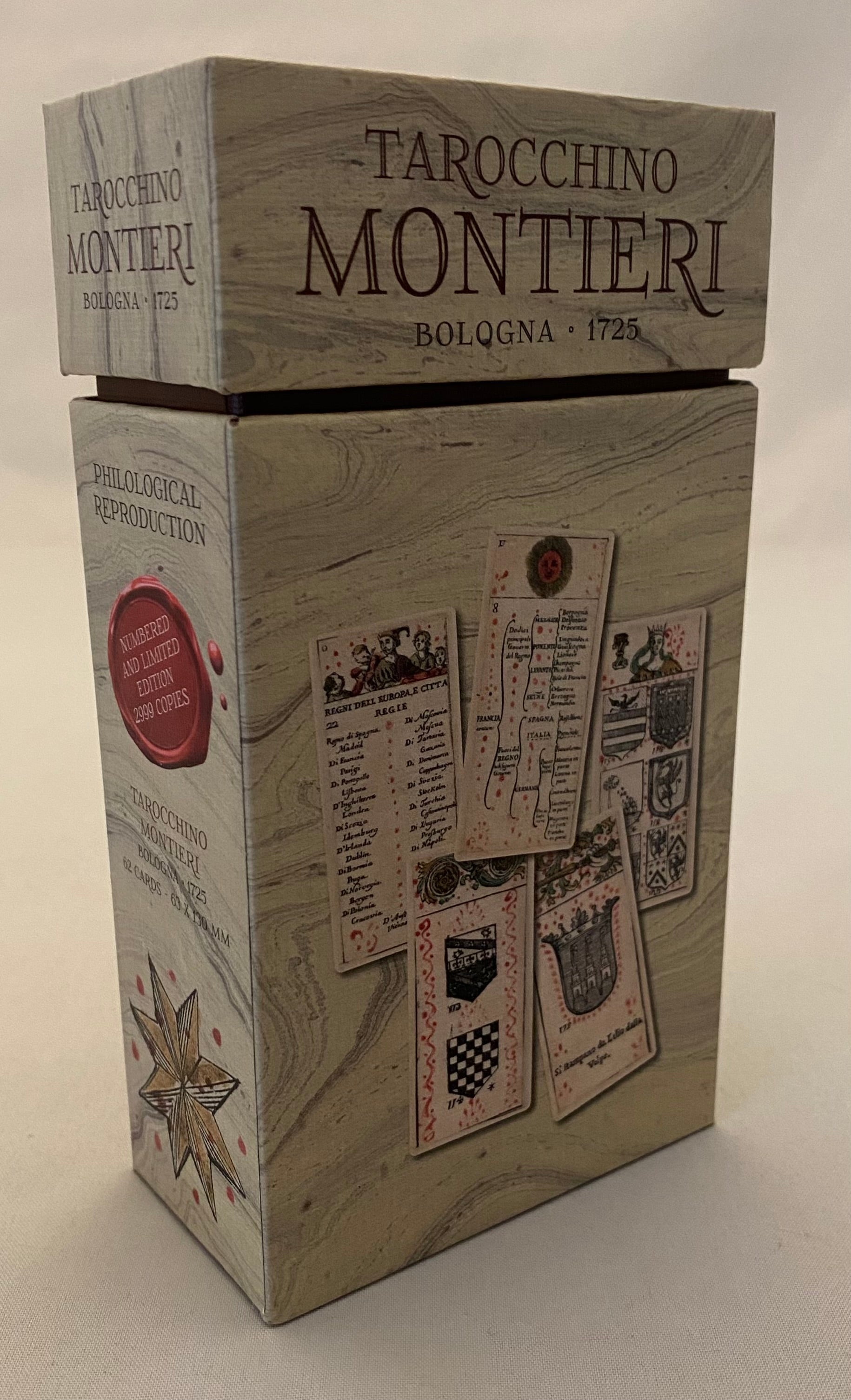  'Tarocchino Montieri' tarot with historical illustrations on a white background