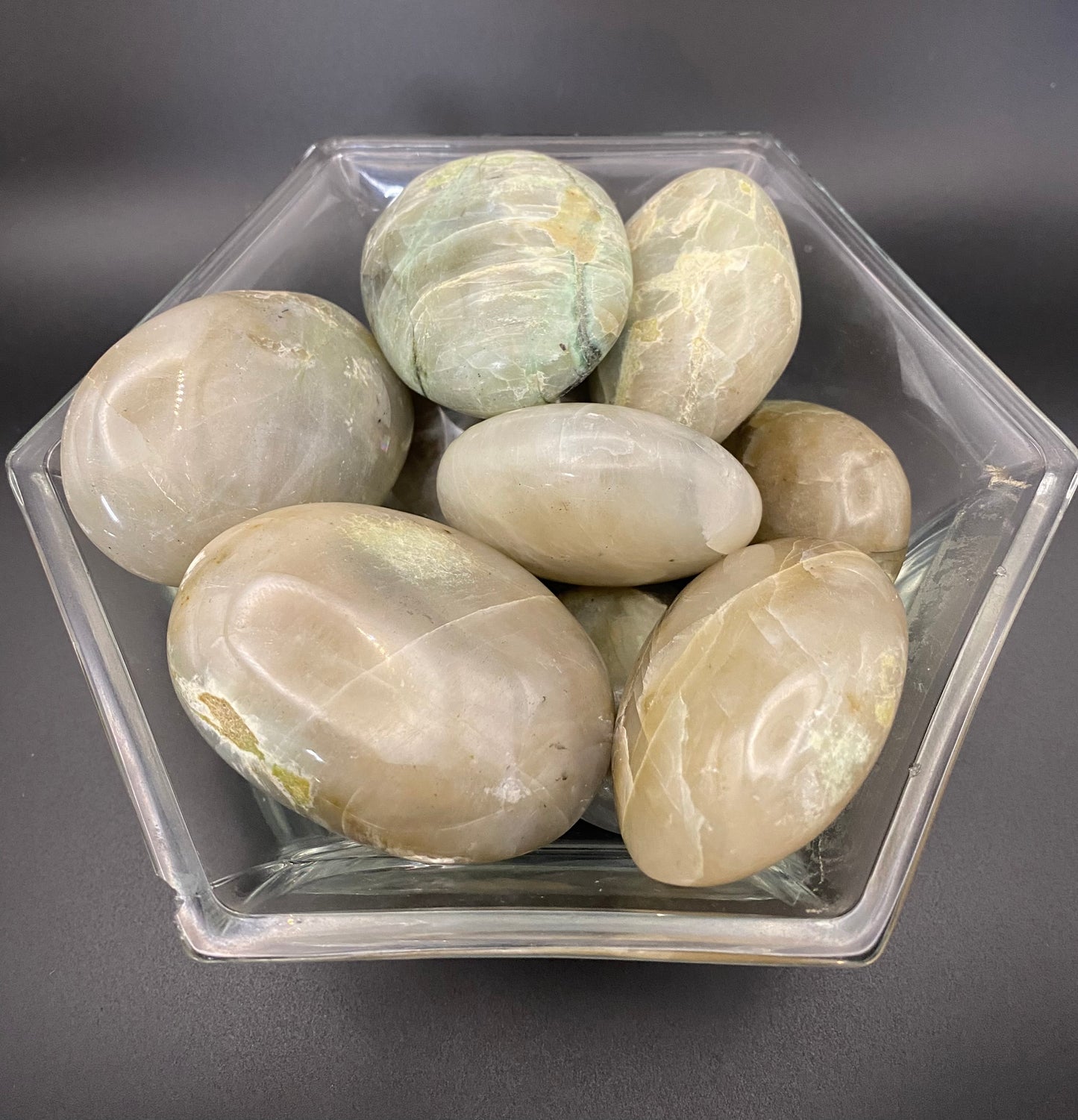 bowl of green moonstone