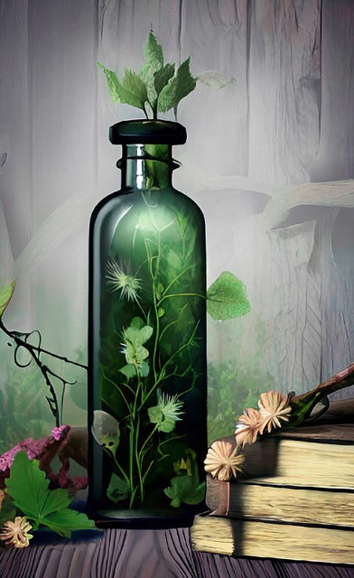 Green glass bottle with nature-themed decorations on a wooden surface
