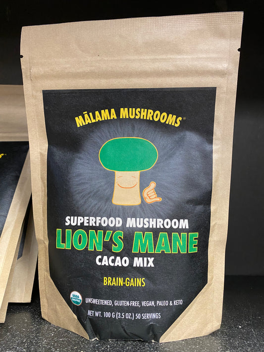 Cacao Mix Bag with Lion's mane green mushroom brown bag