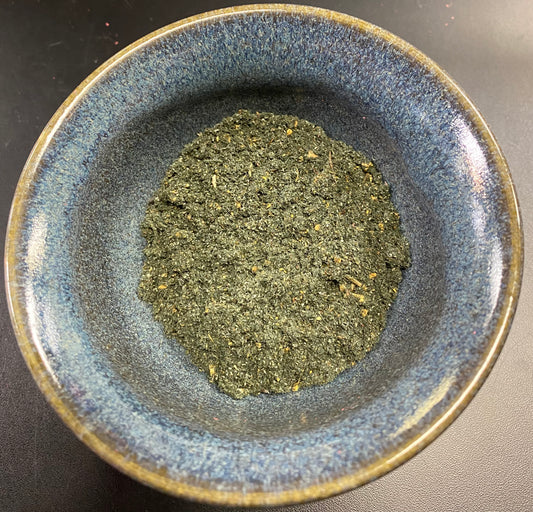 Dark Moon Incense powder with herbs in charcoal colored