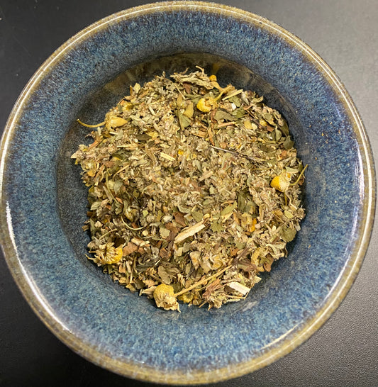 Meditation Astral Travel Tea yellows greens and brown bits herbal mixture