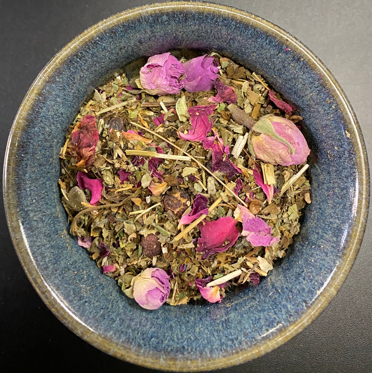 Brighter Days Tea green herbal mix with bright pink florals and roses