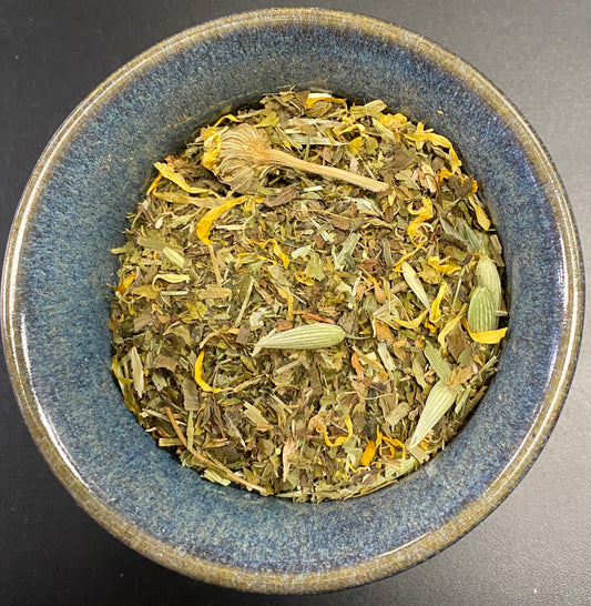 Happy Tea yellows greens and brown bits herbal mix