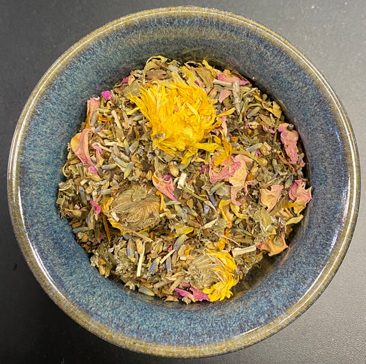 Yoni Steam yellow, red, pink florals with green and purple bits herbal mixture.