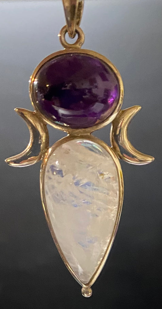 Pendant Moonstone & Amethyst Triple Moon
