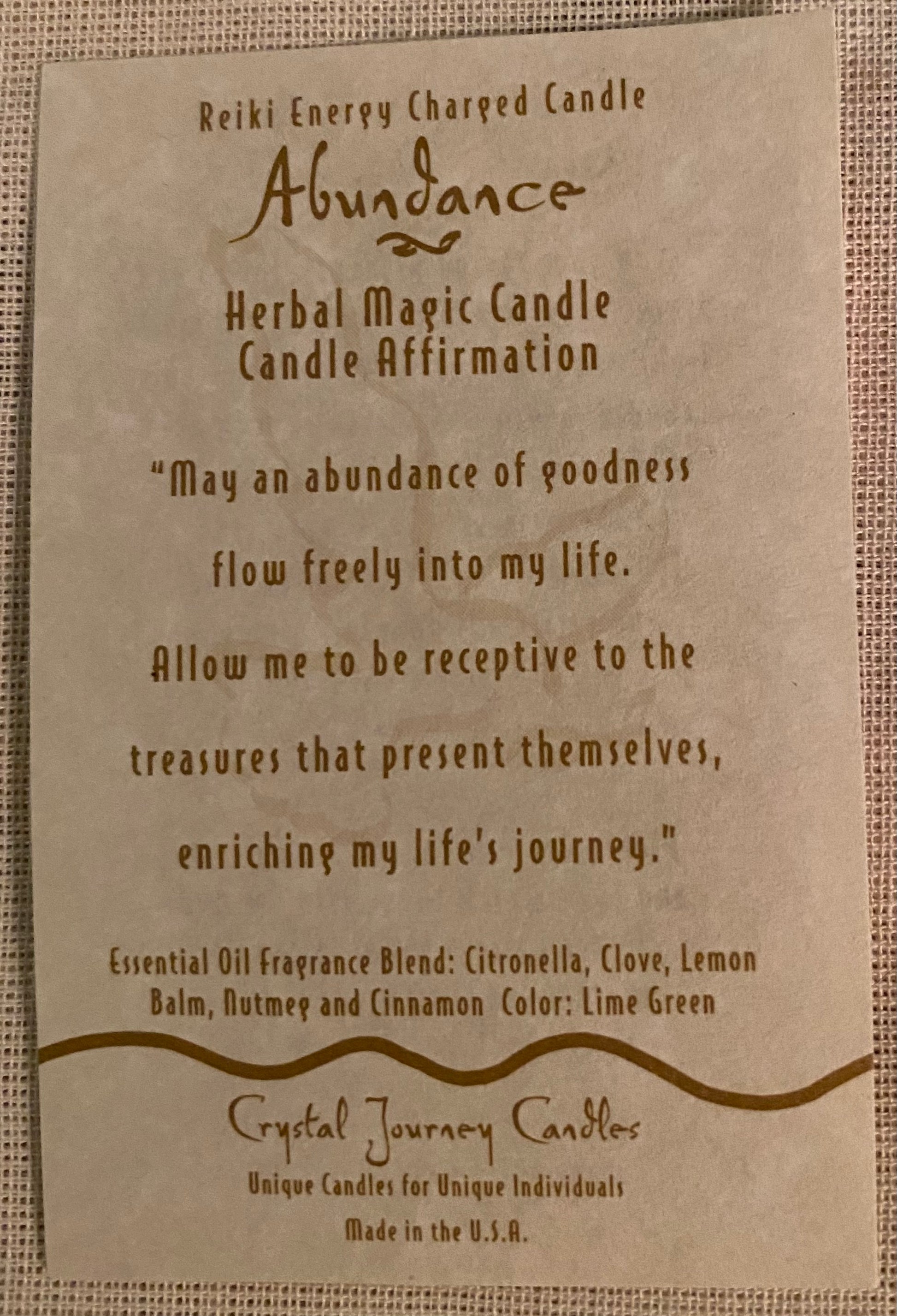 Candle Votive Abundance Light Green Affirmation Card