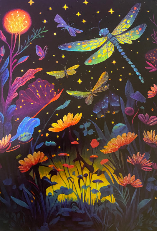 Greeting Card Dragonfly Night Flowers Birthday