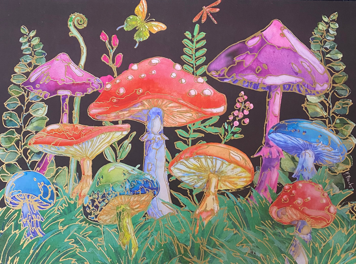 Greeting Card Mushroom Garden Night Birthday