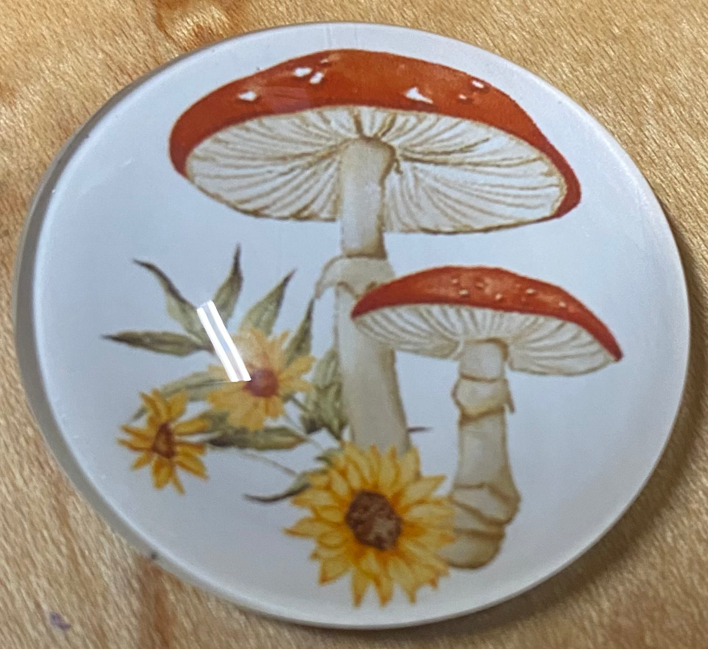 Round magnet with mushroom and flower design on a wooden surface