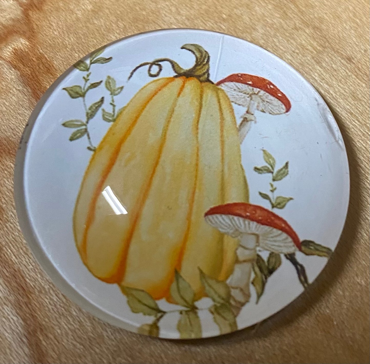 Round magnet with pumpkin and mushroom design on a wooden surface
