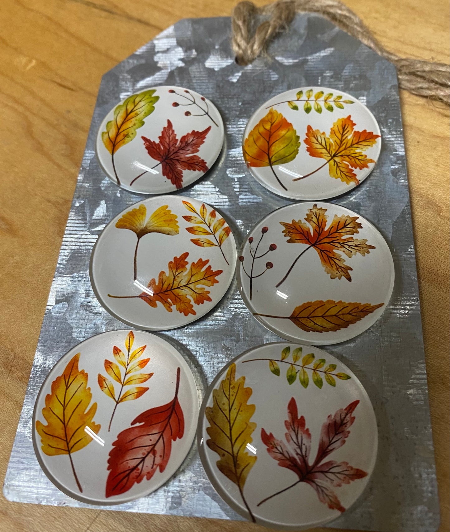 Set of six decorative magnets with autumn leaf designs on a silver card.