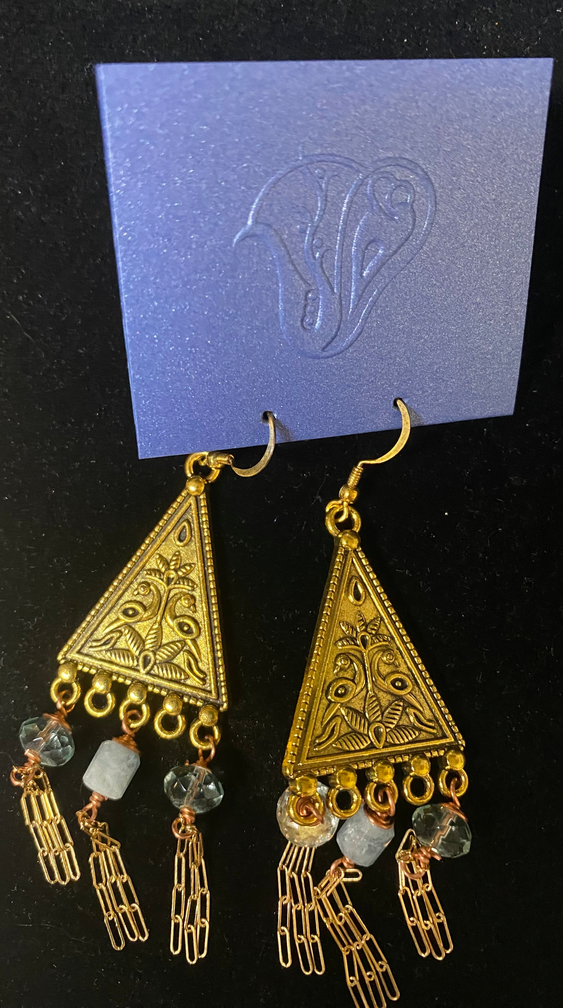 Earrings Aquamarine Tibetan Gold Tassel