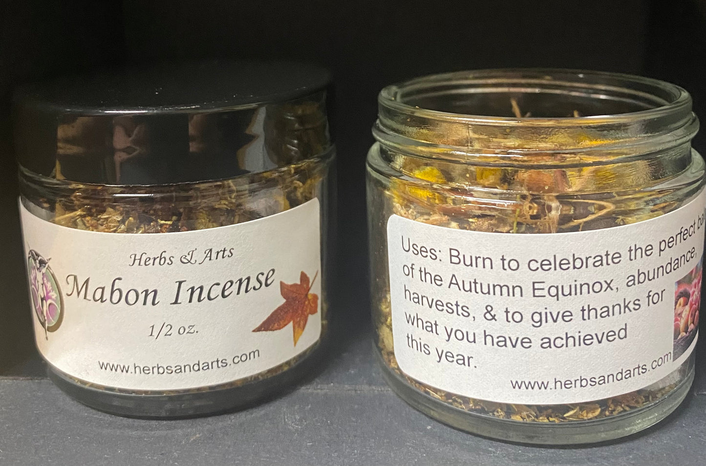 Mabon incense in a jar. front and back of the two jars.