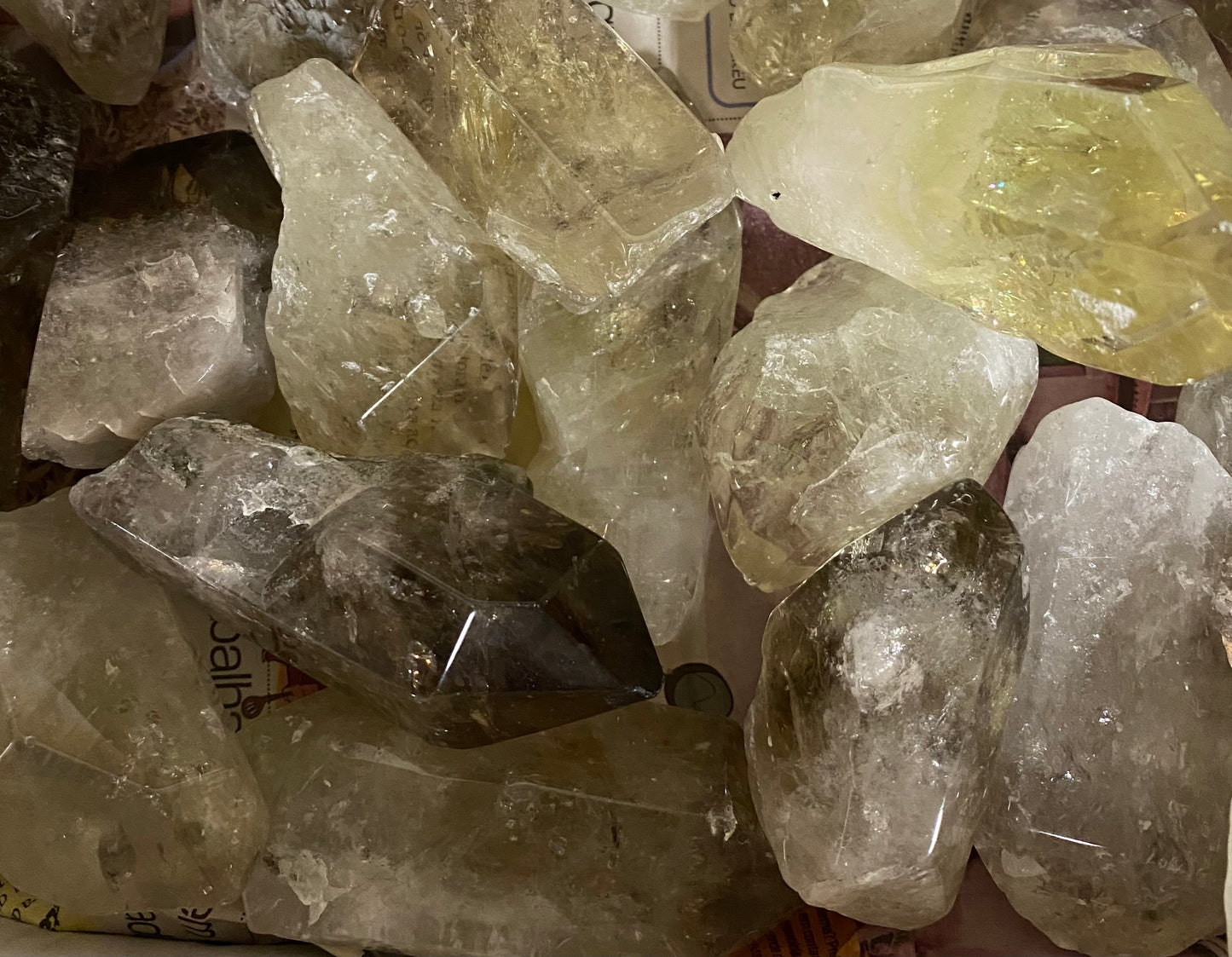 Close-up of various crystal rocks with a focus on their natural textures and colors.
