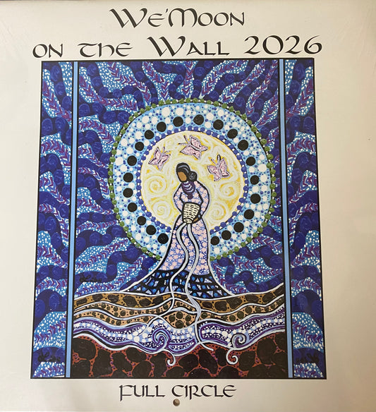 Cover of 'We'Moon on the Wall 2026' with a stylized illustration of a woman and butterflies.