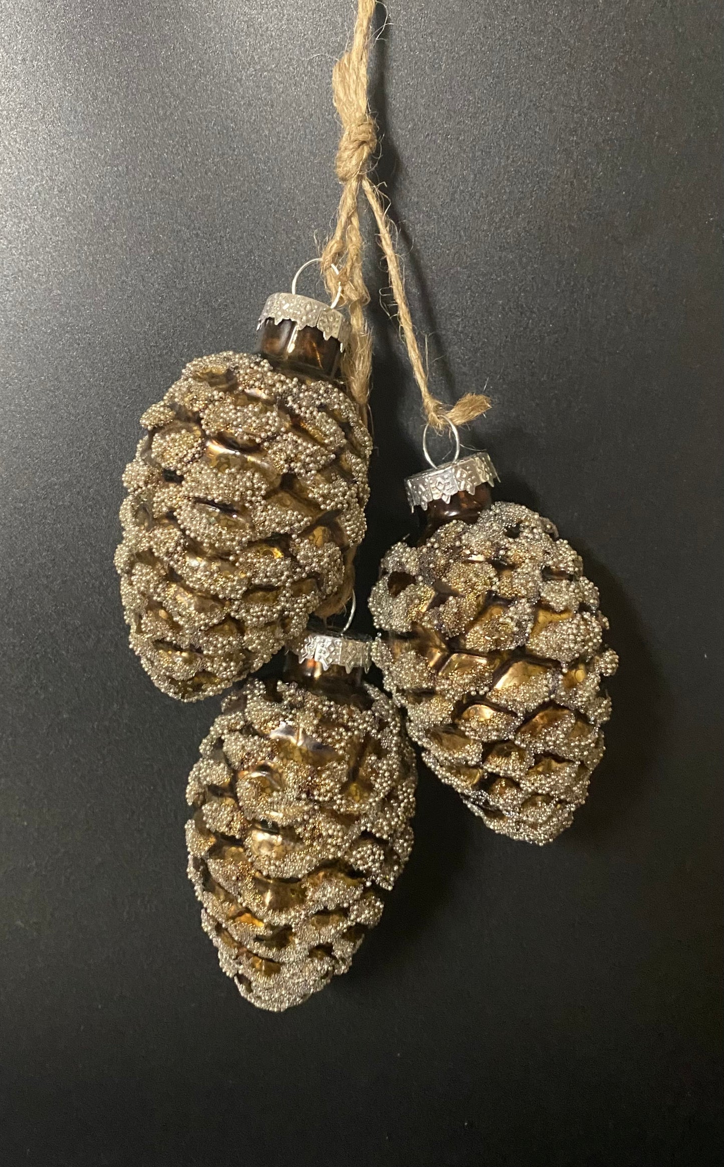 Decorative pinecones with glittery finish hanging on a dark background