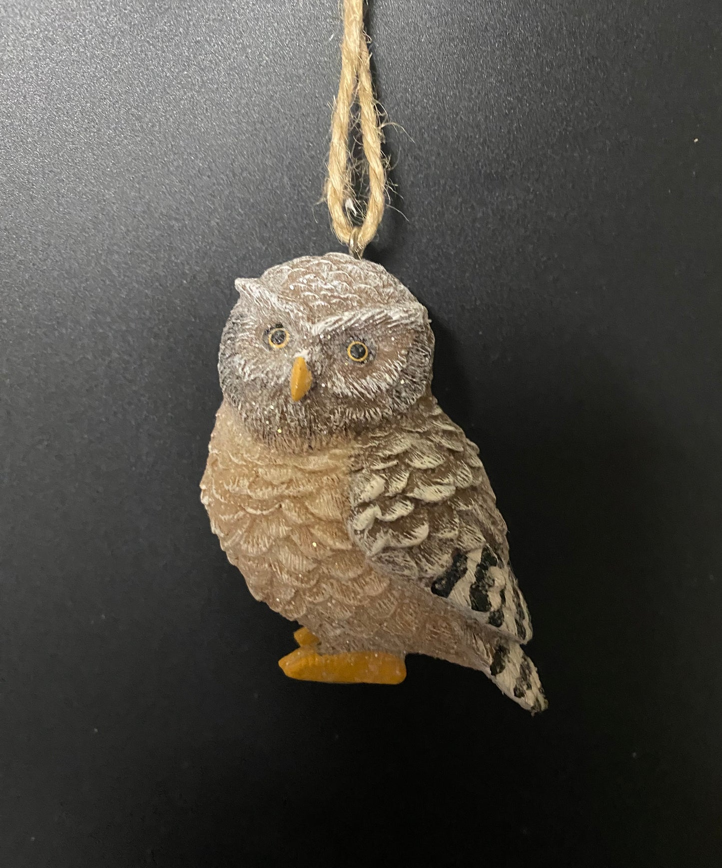 Owl-shaped ornament hanging on a string against a black background