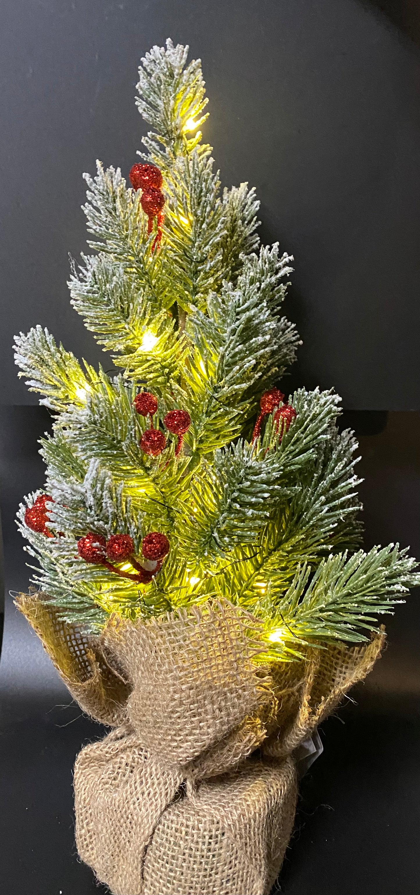 Small artificial Christmas tree with lights and berries wrapped in burlap on a black background
