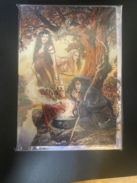 Decorative card with artistic design of a person and child on a dark background