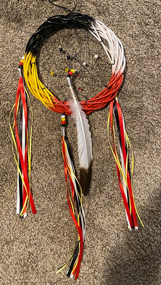 Decorative dreamcatcher with feathers and colorful ribbons on a textured surface