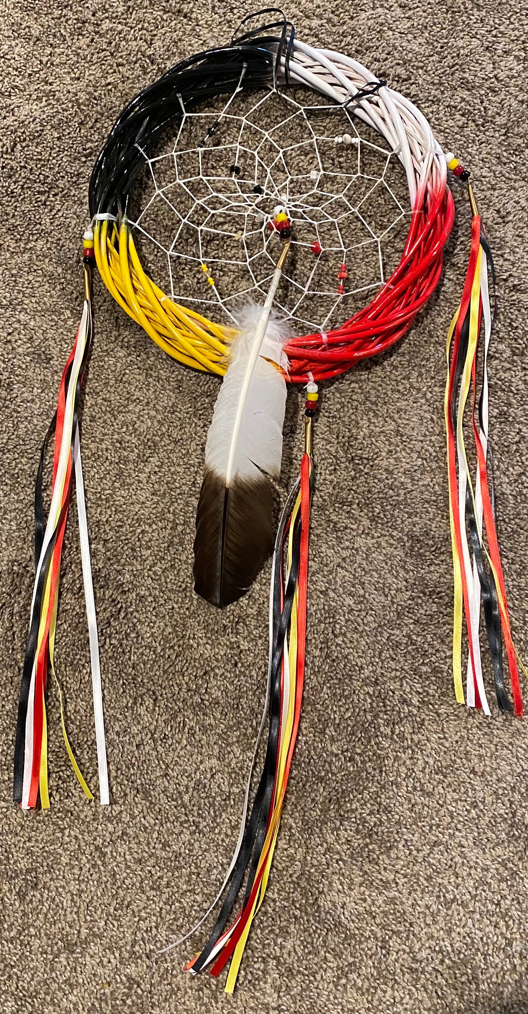 Dreamcatcher with feathers and colorful strings on a neutral background