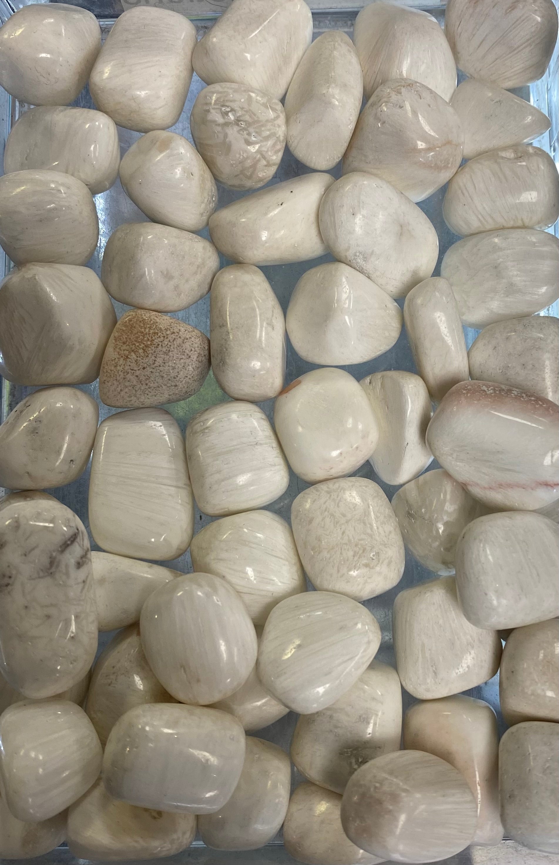 Close-up of light-colored pebbles or stones on a reflective surface