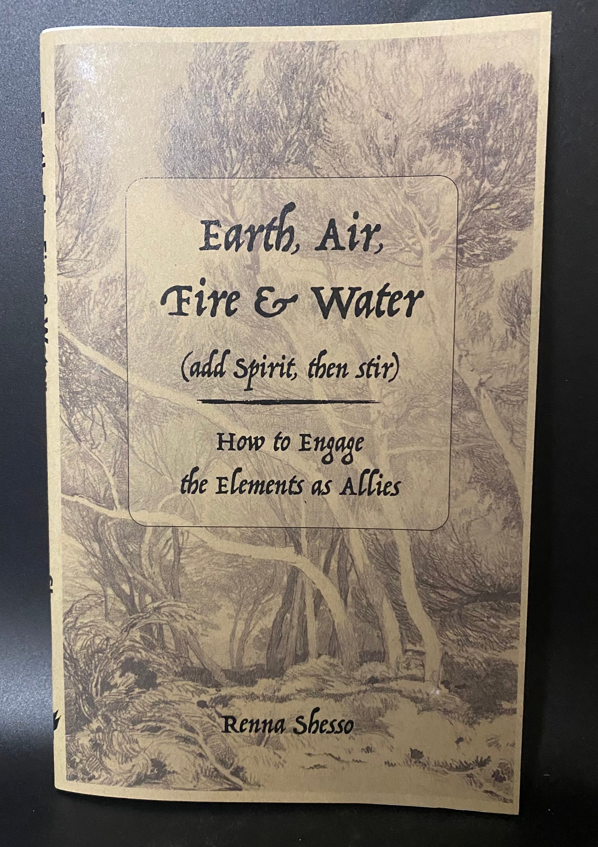 Book cover with text 'Earth, Air, Fire & Water' and forest design