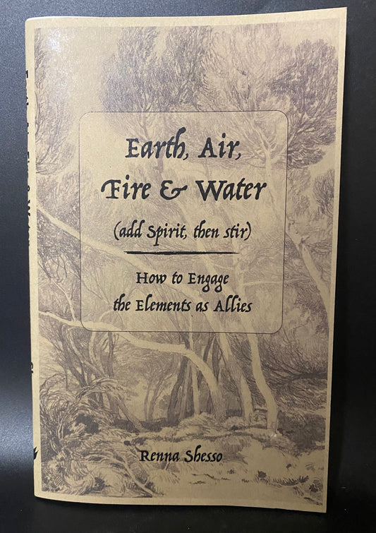Book cover with text 'Earth, Air, Fire & Water' and forest design