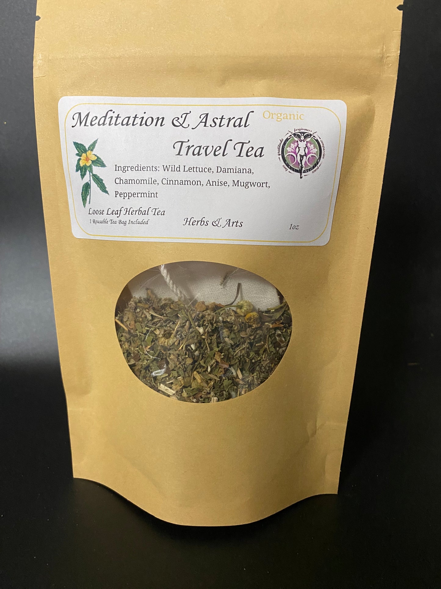 A stand-up kraft paper pouch of Meditation & Astral Travel Tea with a white label and a circular window showing the dried herbal tea inside, photographed against a dark background.