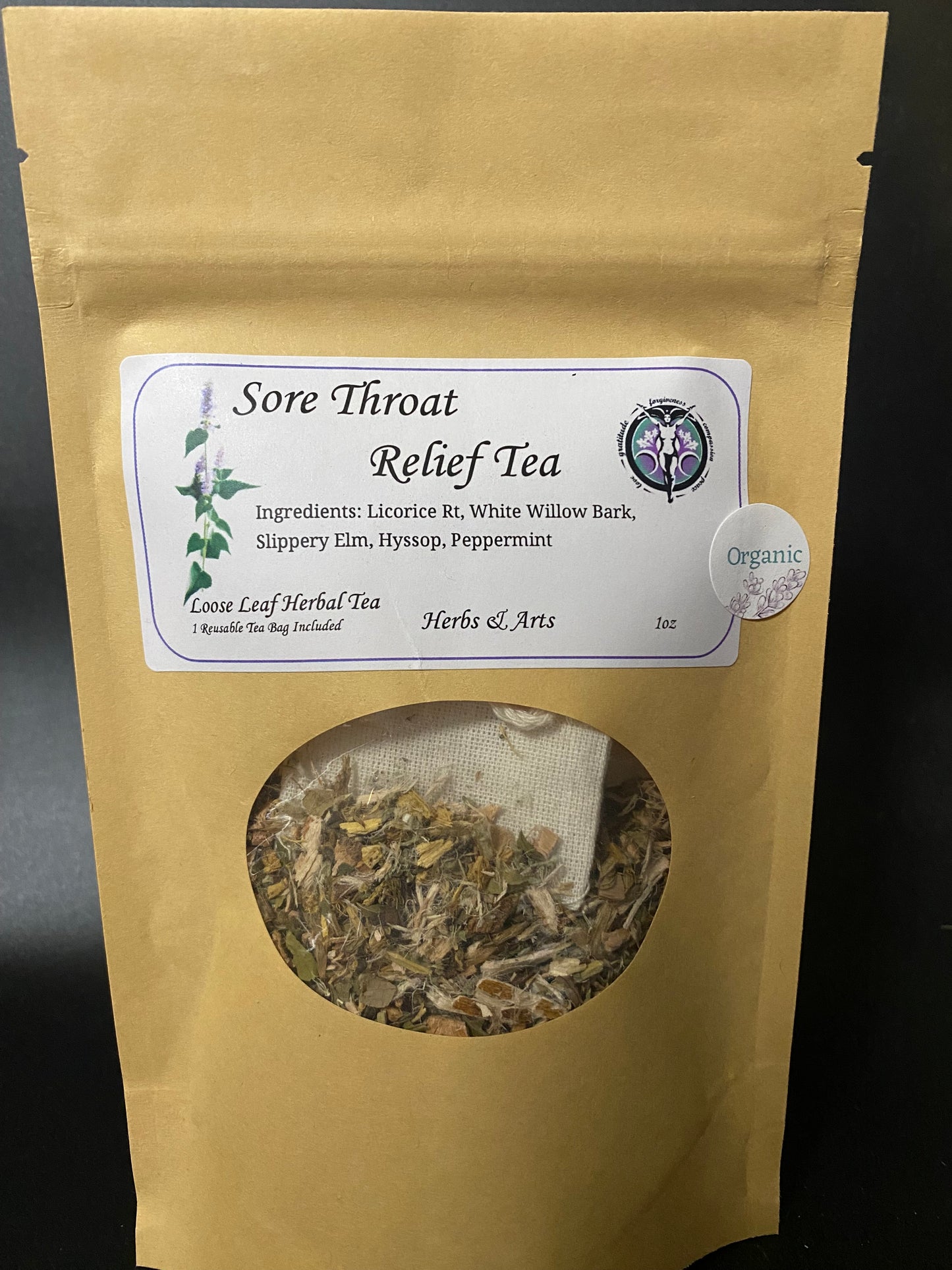 A kraft paper stand-up pouch of Sore Throat Relief Tea by Loca Leaf Herbal Tea, featuring a white label and a circular window showing the dried herbal tea inside.