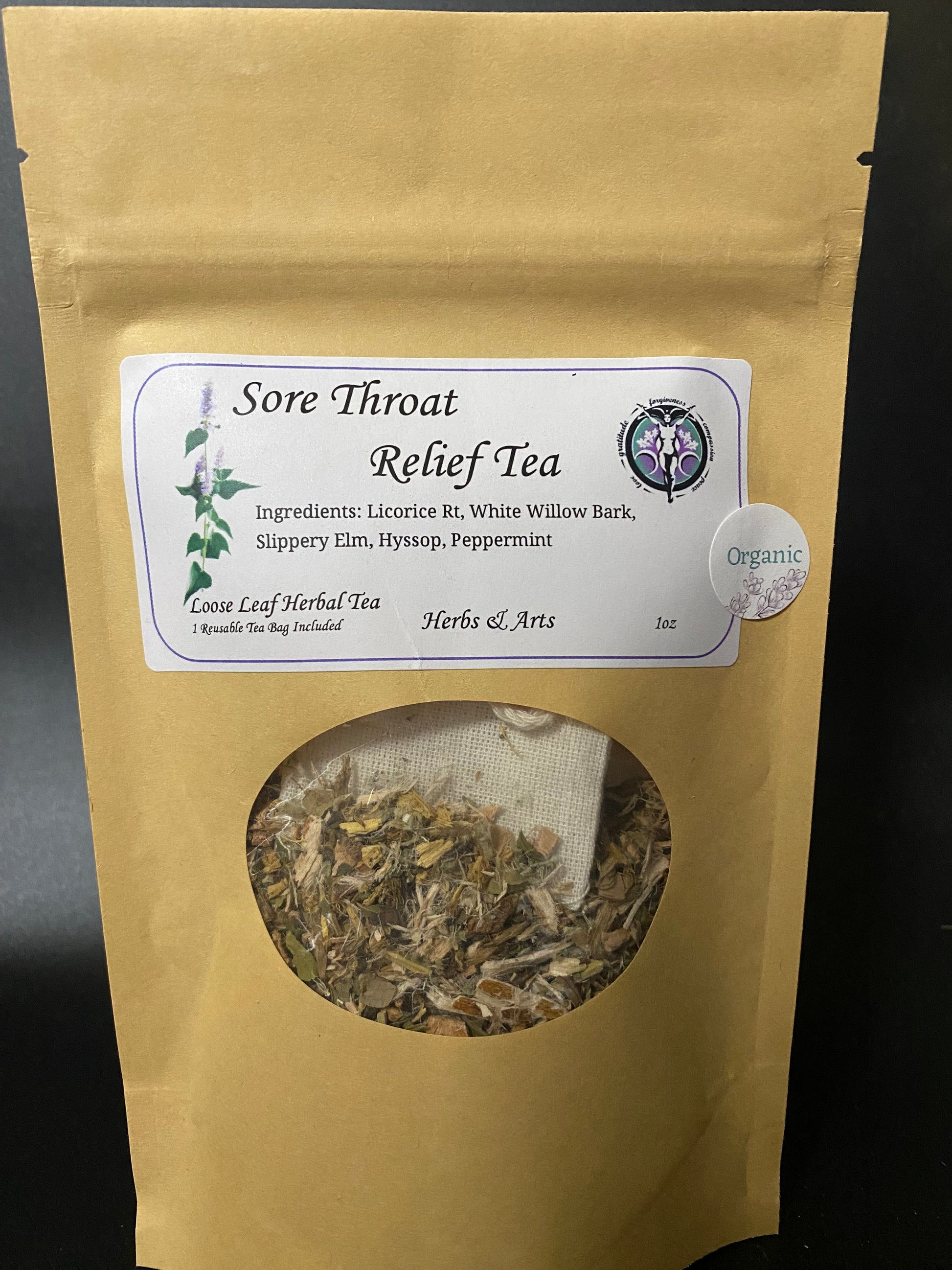 A kraft paper stand-up pouch of Sore Throat Relief Tea by Loca Leaf Herbal Tea, featuring a white label and a circular window showing the dried herbal tea inside.