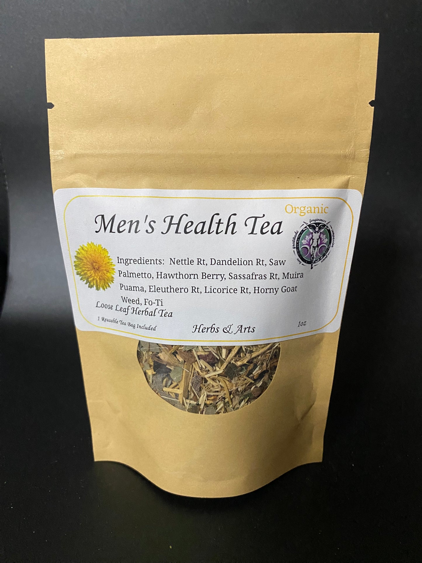 A stand-up kraft paper pouch of Men's Health Tea with a white label and a circular window showing loose leaf herbal tea inside, photographed against a dark background.