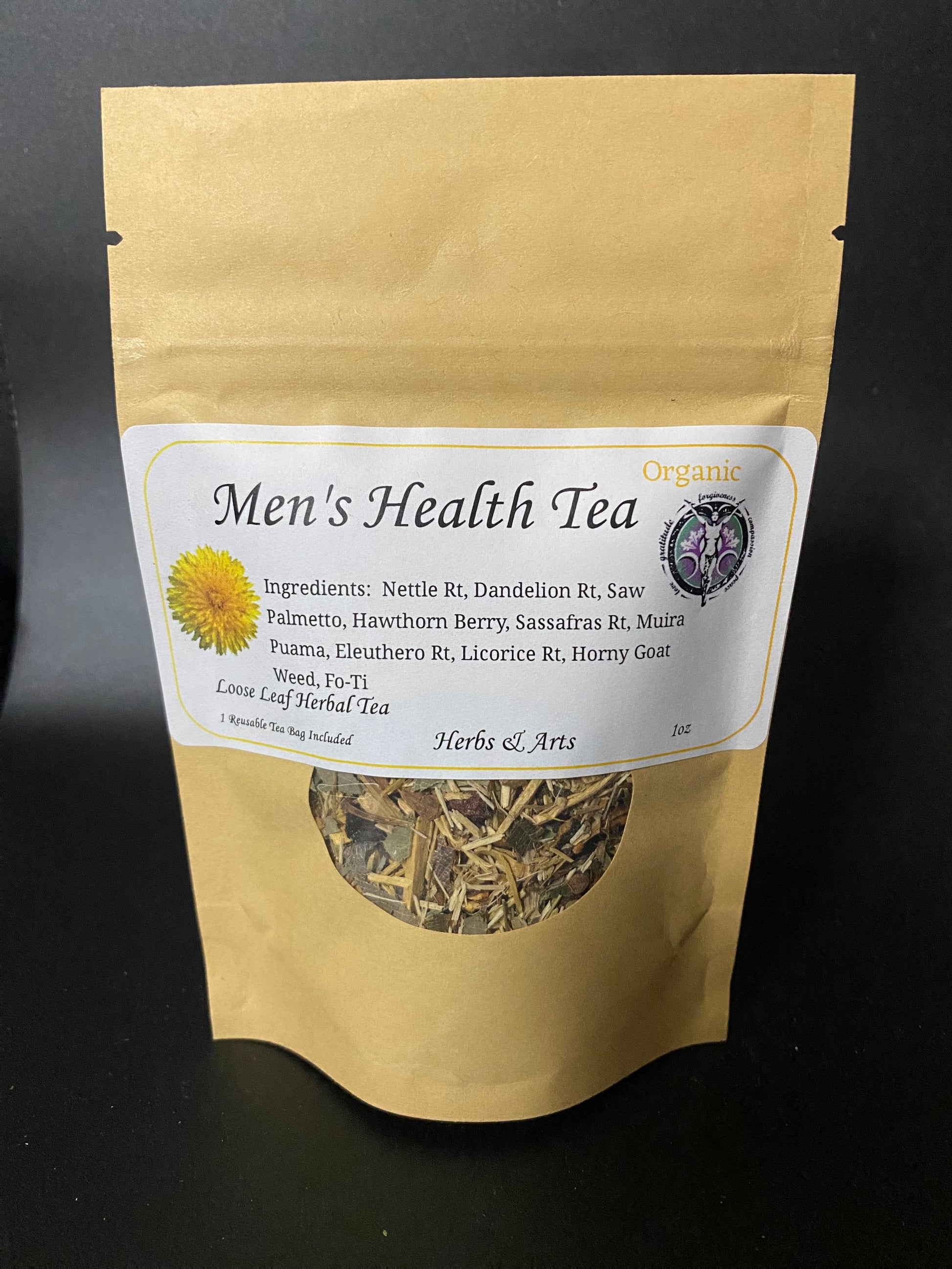 A stand-up kraft paper pouch of Men's Health Tea with a white label and a circular window showing loose leaf herbal tea inside, photographed against a dark background.