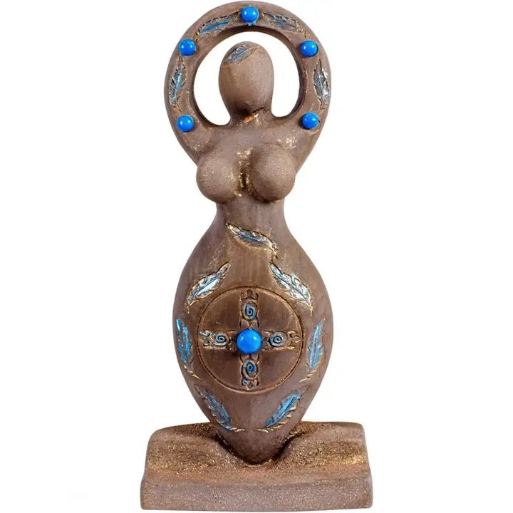 Goddess statue with blue accents and beads