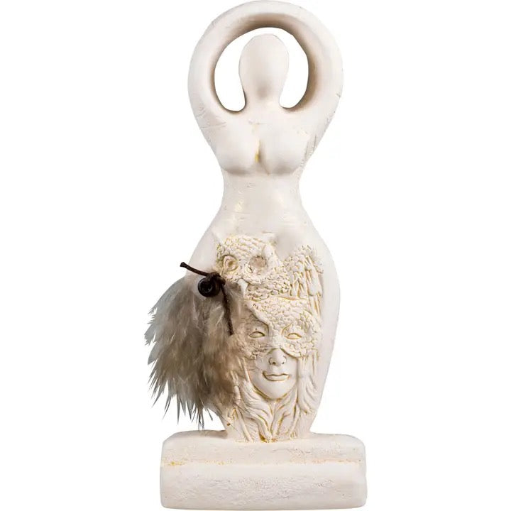 Goddess statue with owl mask and feather accent