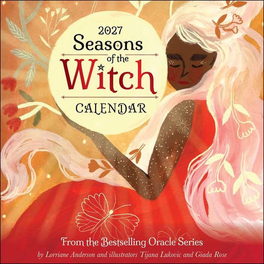 Calendar cover featuring a woman with white hair and red dress against an orange background, titled '2027 Seasons of the Witch'.