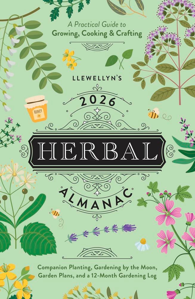 Cover of Llewellyn's 2026 Herbal Almanac with floral design and text on a green background
