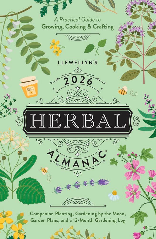 Cover of Llewellyn's 2026 Herbal Almanac with floral design and text on a green background