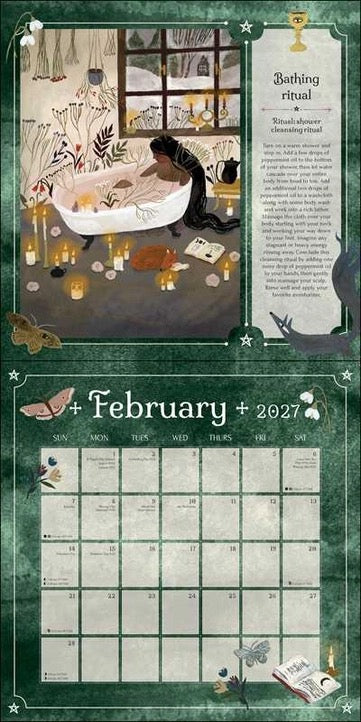 A decorative monthly calendar page for February 2027 with an illustrated bath ritual scene at the top and a grid of days below on a dark green textured background.