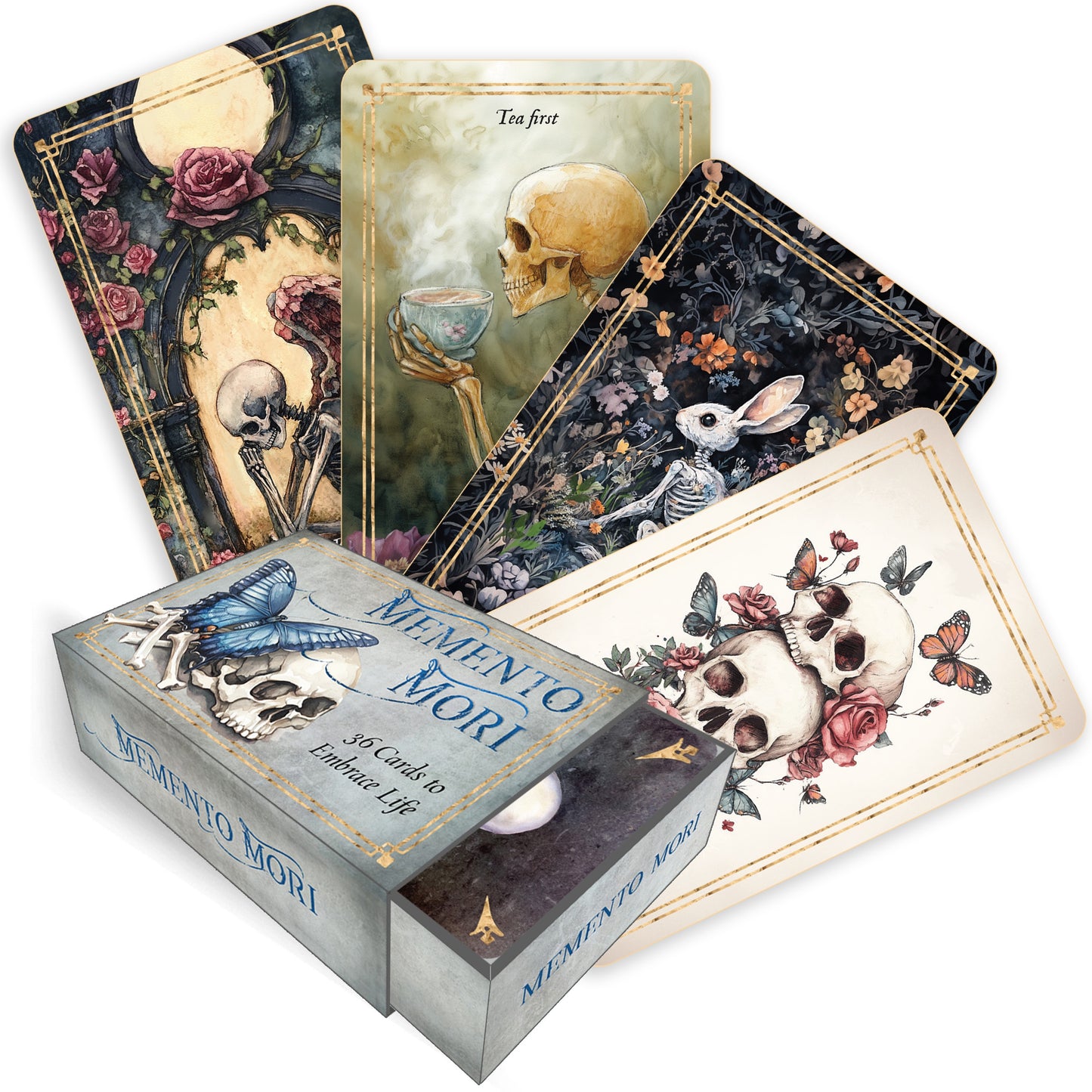 Memento Mori card set with decorative cards and box on a white background