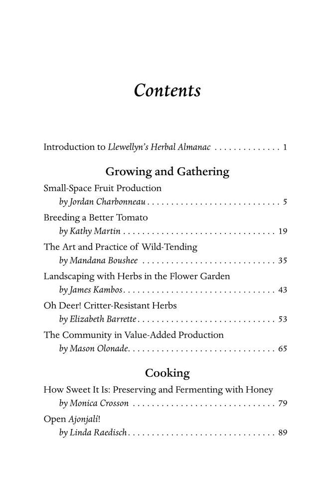 Table of contents for a book on herbalism and gardening with black text on a white background.