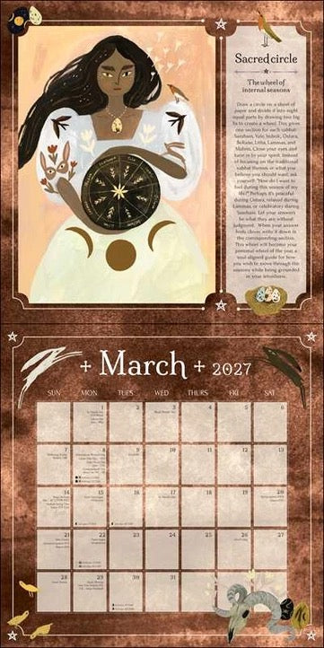 A decorative calendar page for March 2027 with an illustrated woman holding a compass at the top and a grid of days below on a parchment-style brown background.