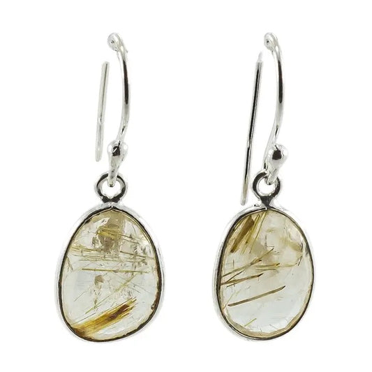 Pair of silver earrings with rutilated quartz stones on a white background
