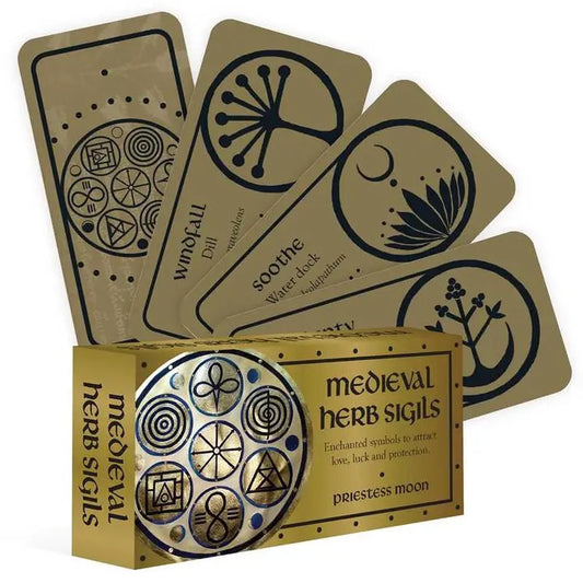 Set of medieval herb sigils cards with a box labeled 'Priestess Moon' on a white background.