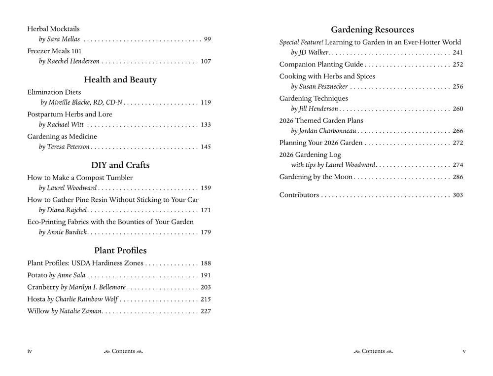 Table of contents page from a book or magazine on gardening and health topics.